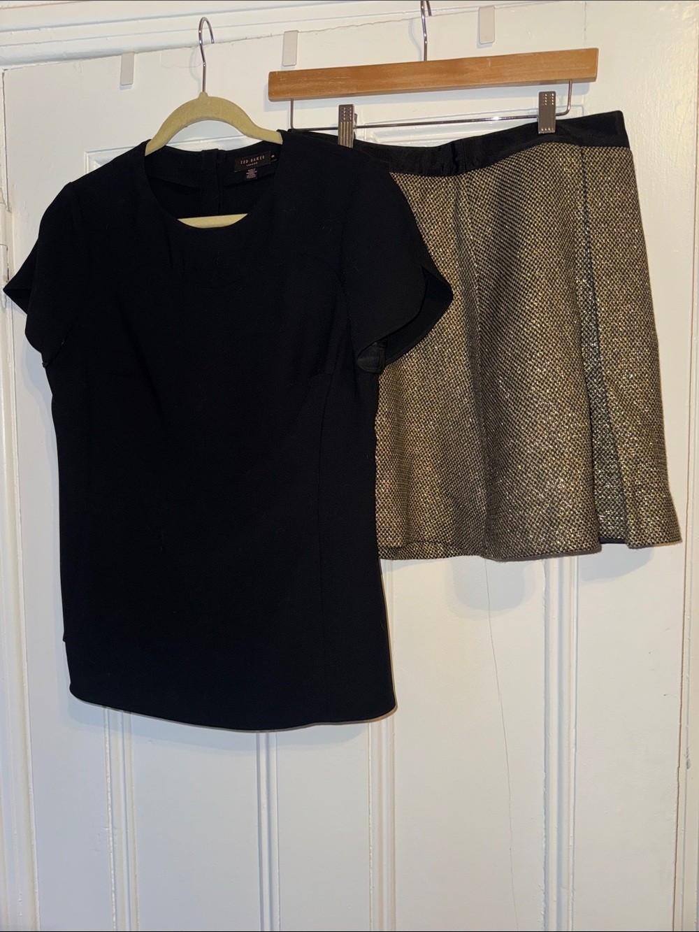 Ted Baker Black Top and Metallic Gold Tweed A-Line Skirt